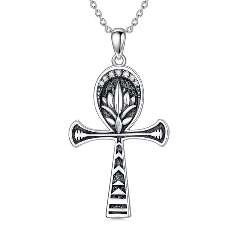 Sterling Silver  Ankh Lotus Pendant Necklace