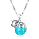 Sterling Silver Turquoise Larimar Labradorite Moss Agate Blue Sandstone  Cat Pendant Necklace