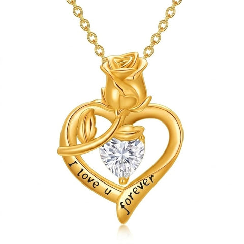 10K 14K 18K Gold Heart Rose Necklace I Love You Forever Heart Jewelry
