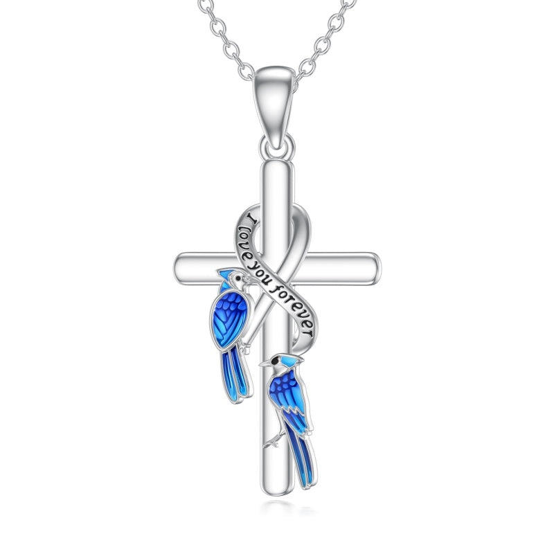 Sterling Silver  Hummingbird Blue Jay Dragonfly Butterfly Cross Necklace Engraved with I Love You Forever