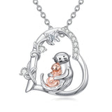 Sterling Silver Cubic Zircon Mother Daughter Mama Bear Giraffe Elephants Otters Penguins Heart Pendant Necklace