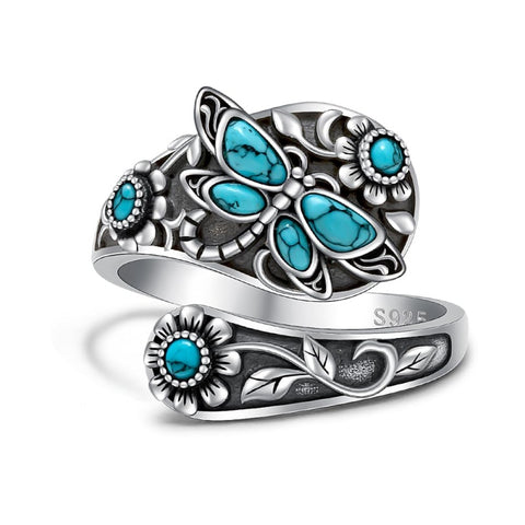 Sterling Silver Turquoise Hummingbird Butterfly Sunflower Adjustable Spoon Ring
