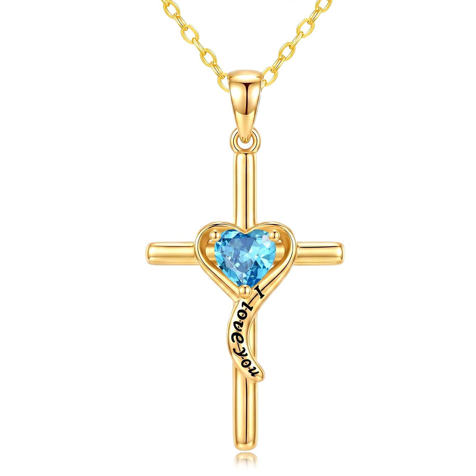 14K Gold Plated Dainty Heart Birthstone Pendant Cross Necklace for Women Religious Gift