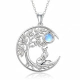 Sterling Silver Moonstone Tree of Life Wolf Cat Fox Rabbit Monkey Pendant Necklace Gift for  Birthday Christmas