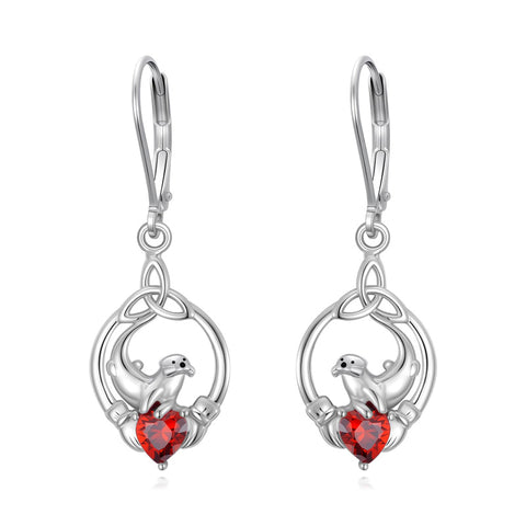 Sterling Silver Heart-Shaped Cubic Zircon Otter Cow Raccoon Leverback Earrings