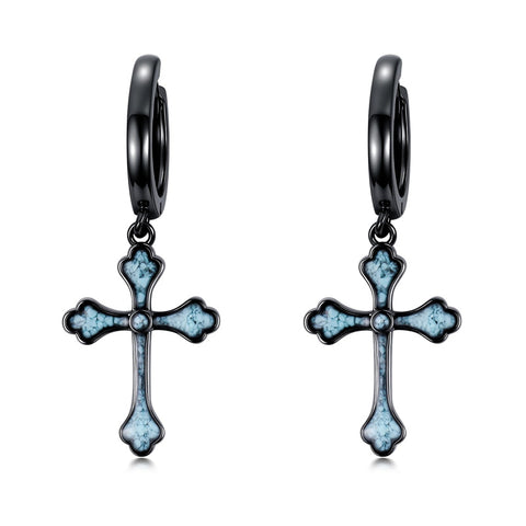 Sterling Silver Black Sword Cross Hoop Earrings Gift for Men Women