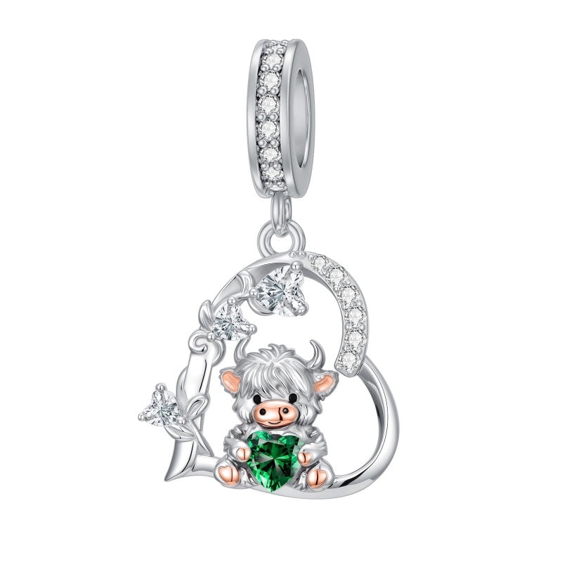 Sterling Silver 12 Month Birthstone Highland Cow Charm Beads