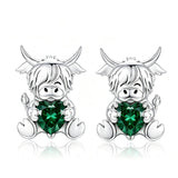 Sterling Silver 12 Month Birthstone Highland Cow Stud Earrings Christmas Gift