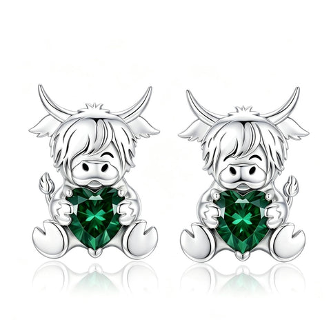 Sterling Silver 12 Month Birthstone Highland Cow Stud Earrings Christmas Gift