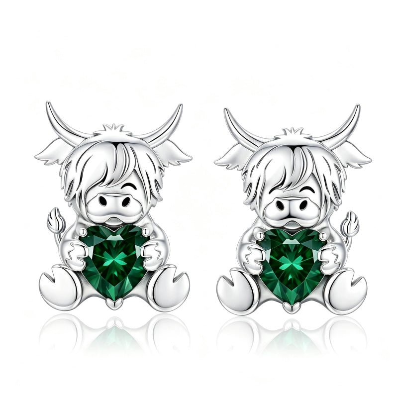 Sterling Silver 12 Month Birthstone Highland Cow Stud Earrings Christmas Gift