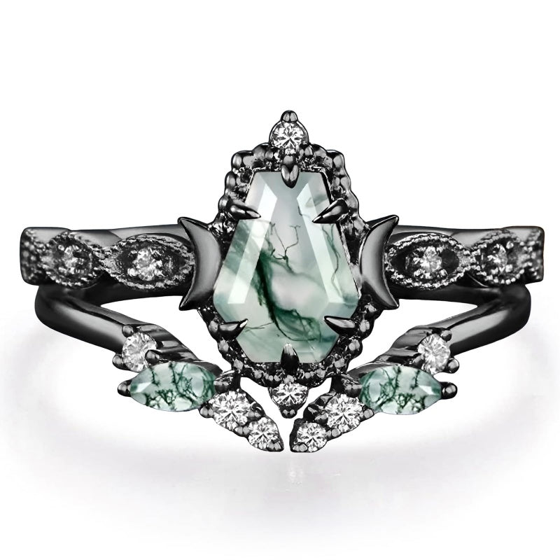 Sterling Silver 2CT Moss Agate  Engagement Wedding Ring Sets for Women