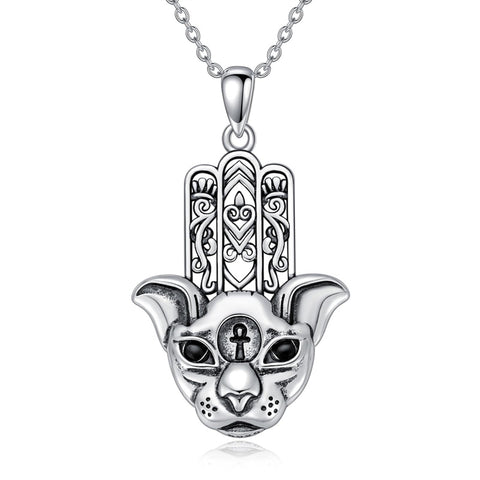 Sterling Silver Hamsa Hand Owl Egyptian Cat Lion Pendant Necklace