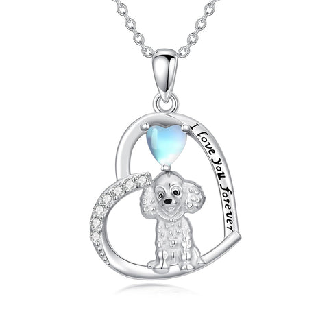Sterling Silver Moonstone Pug Chihuahua Poodle German Shepherd Maltese Pendant Necklace Engraved wth I Love You Forever