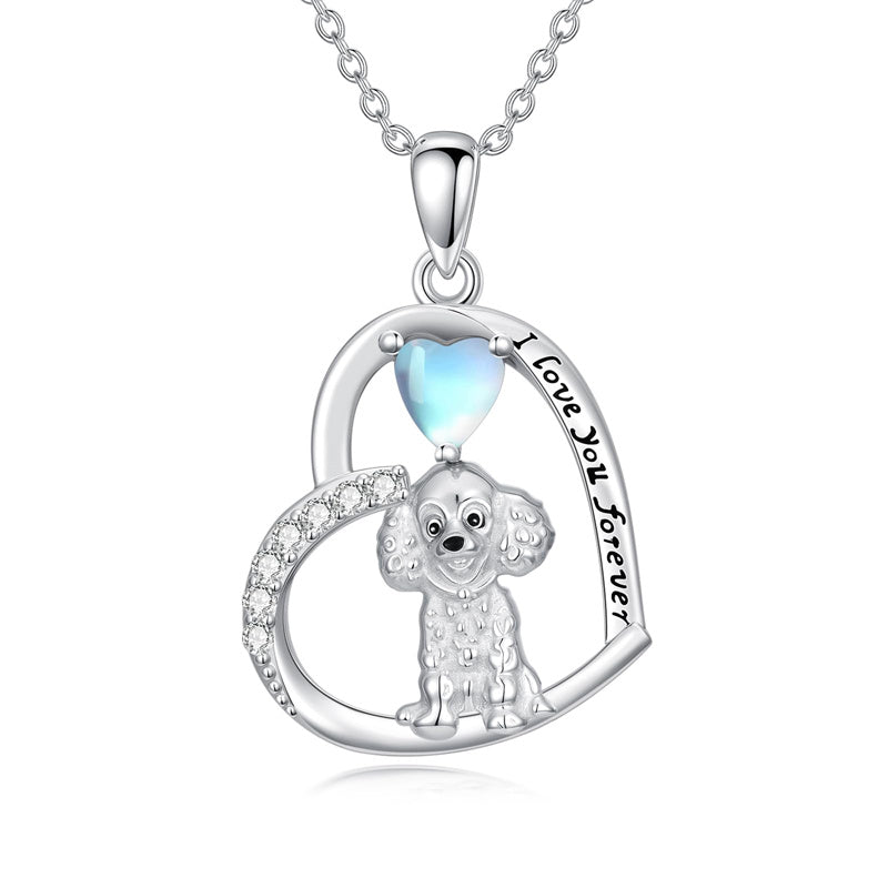 Sterling Silver Moonstone Pug Chihuahua Poodle German Shepherd Maltese Pendant Necklace Engraved wth I Love You Forever