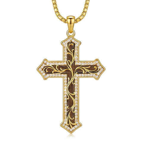 14K Gold Plated Turquoise  Abalone Shell Malachite Wood Filigree Cross Pendant Necklace