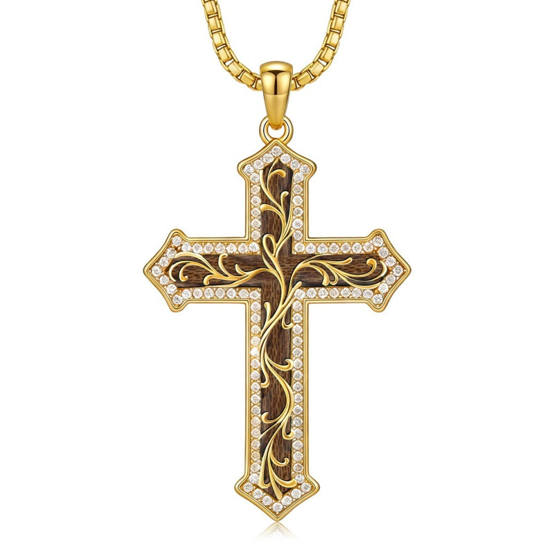 14K Gold Plated Turquoise  Abalone Shell Malachite Wood Filigree Cross Pendant Necklace