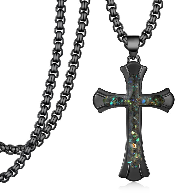 14K Gold Plated Turquoise Malachite Abalone Shell Cross Pendant Necklace for Men