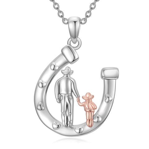 Sterling Silver Father Daughter Western Cowgirl Pendant Necklace