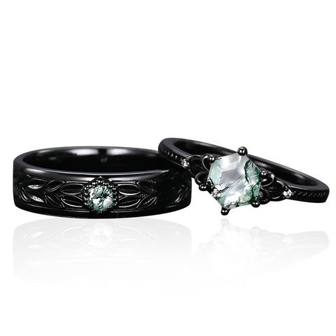 Sterling Silver 10K 14K 18K Gold Natural Leaf  Moss Agate Engagement Anniversary Couple Ring Sets