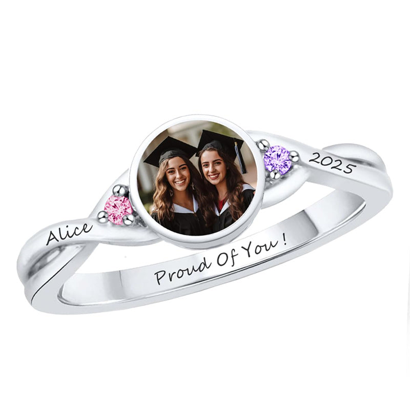 Sterling Silver Personalized Birthstone Photo Class Ring for Women