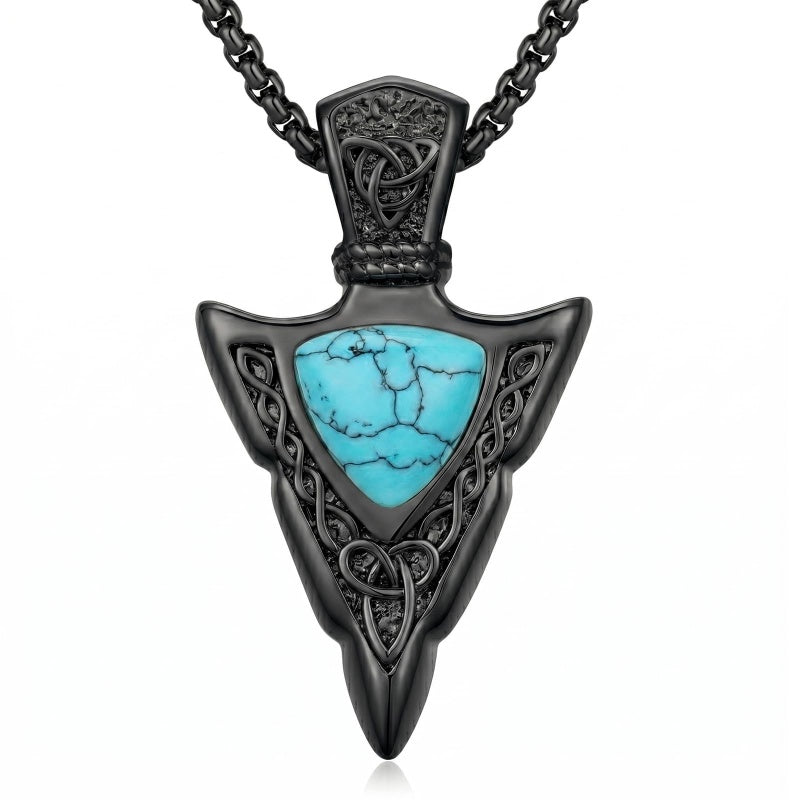 14K Gold Plated Moss Agate Turquoise Valknut Viking Arrow Head Pendant Necklace for Men