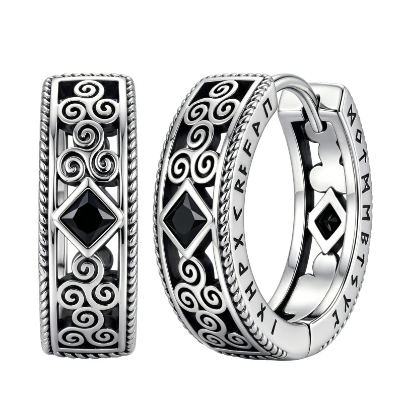 14K Gold Plated  Cubic Zircon Norse Viking Runes Hoop Earrings Viking Jewelry Gift for Men