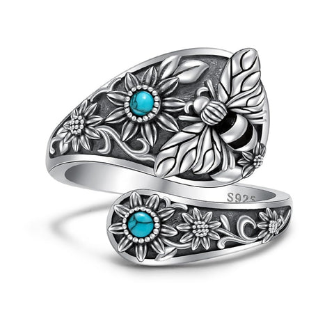 Sterling Silver Turquoise Hummingbird Butterfly Sunflower Adjustable Spoon Ring