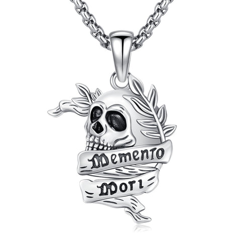 Sterling Silver Memento Mori Gothic Skull Amulet Pendant Necklace for Men