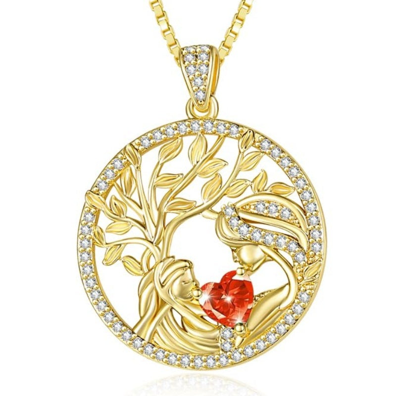 14K Gold Plated Birthstone Tree of Life Mother Child Necklace for Women
