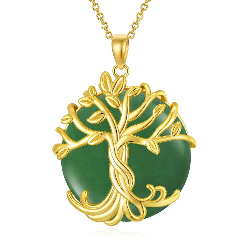 14k Gold Plated Sterling Silver Round Jade Tree of Life Necklace Good Fortune Jewelry for Women