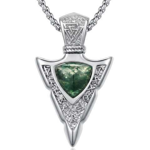 14K Gold Plated Moss Agate Turquoise Valknut Viking Arrow Head Pendant Necklace for Men