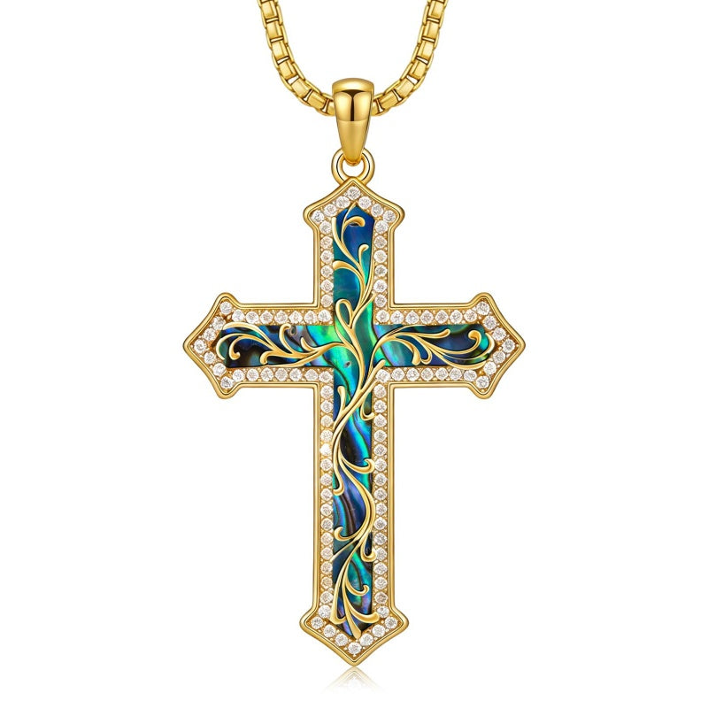 14K Gold Plated Turquoise  Abalone Shell Malachite Wood Filigree Cross Pendant Necklace