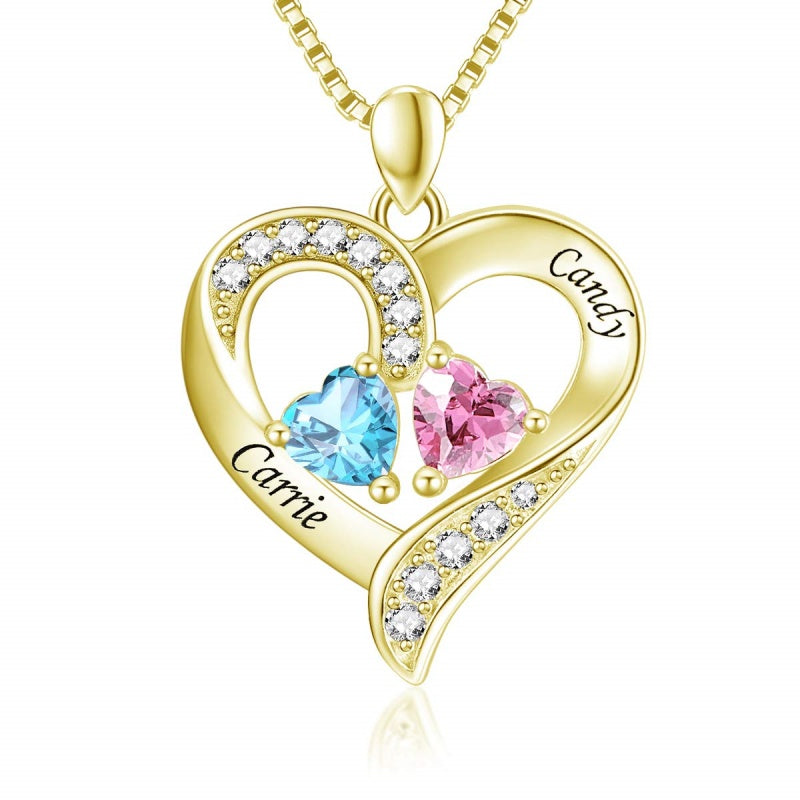 14K Gold 2  Simulated Birthstone Personalized Engraved Pendant Necklace for Women