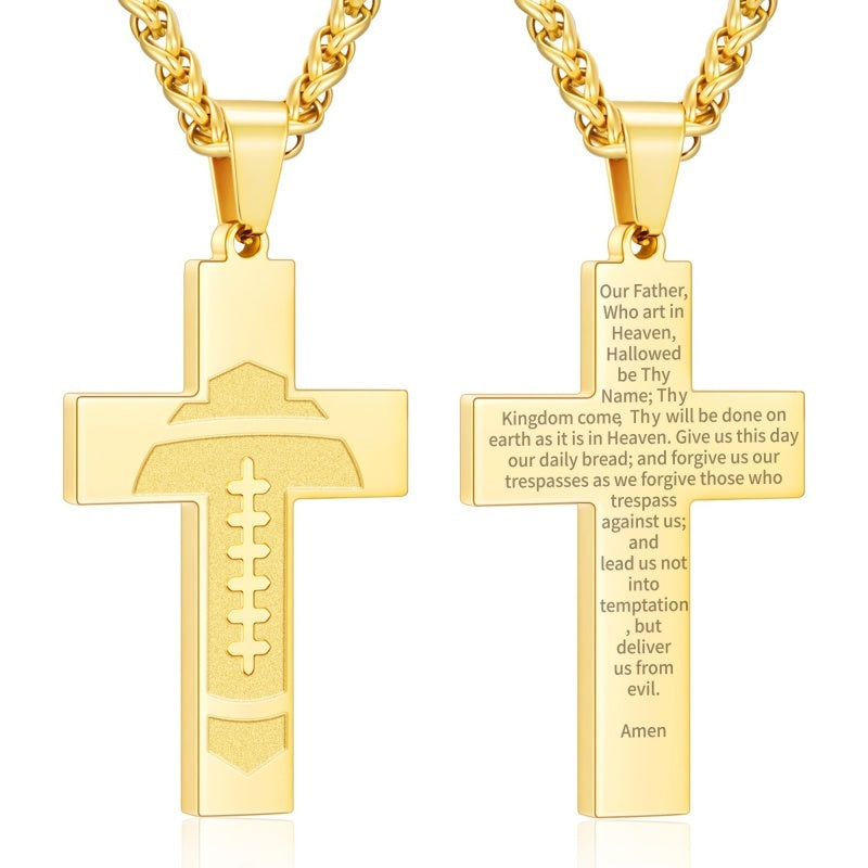 14K Gold Plated Bible Verse Football Cross Pendant Necklace
