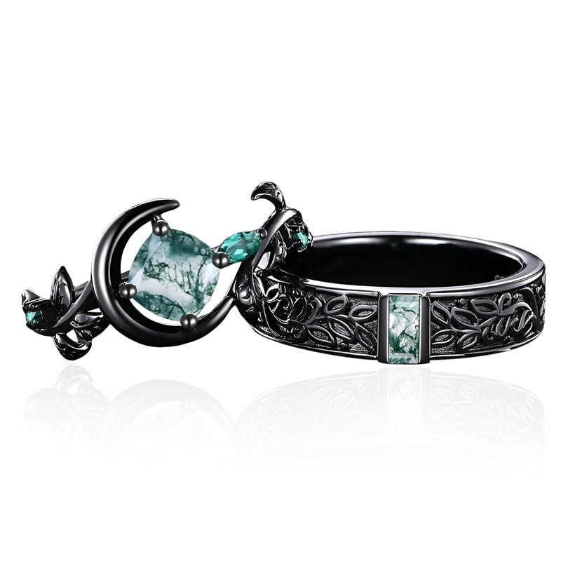 Sterling Silver 10K 14K 18K Gold Natural Leaf  Moss Agate Engagement Anniversary Couple Ring Sets