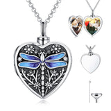 Sterling Silver Personalized Photo Engraved Heart Dragonfly Urn Locket Necklace for Ashes