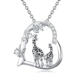 Sterling Silver Cubic Zircon Mother Daughter Mama Bear Giraffe Elephants Otters Penguins Heart Pendant Necklace