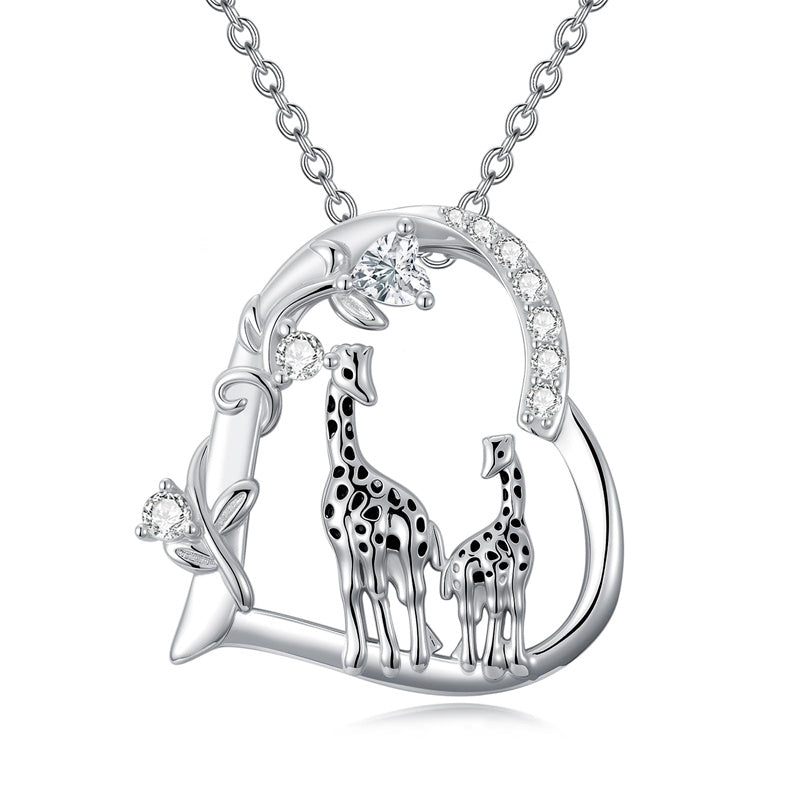 Sterling Silver Cubic Zircon Mother Daughter Mama Bear Giraffe Elephants Otters Penguins Heart Pendant Necklace