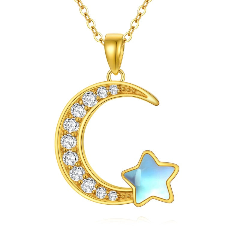 10K 14K 18K Yellow Gold Moonstone Moissanite Moon and Star Necklace Birthday Anniversary Jewelry Gift for Her