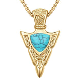 14K Gold Plated Moss Agate Turquoise Valknut Viking Arrow Head Pendant Necklace for Men