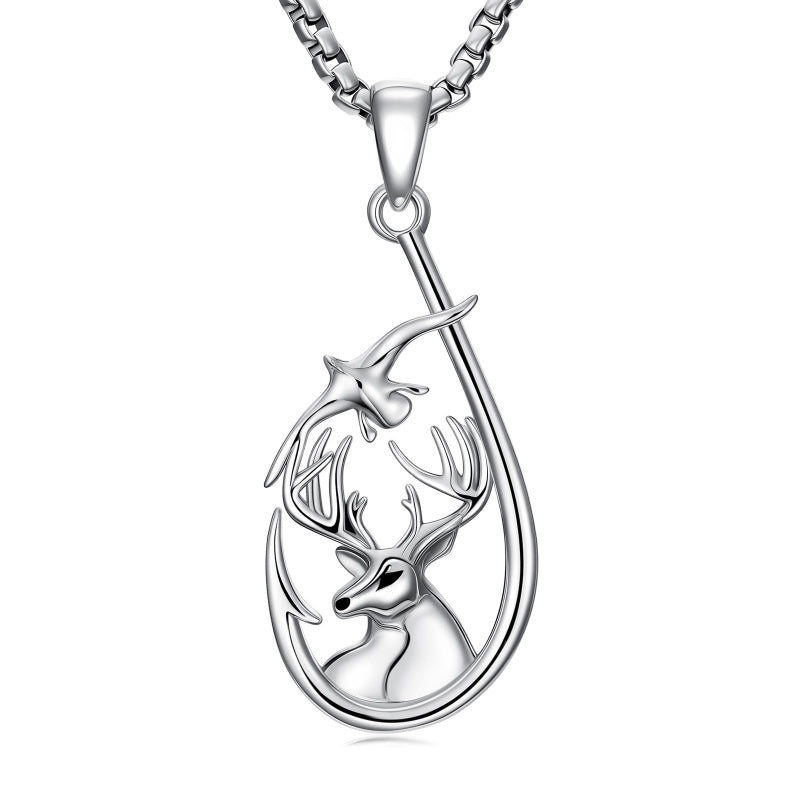 Sterling Silver Deer Bass Fish Wild Duck Fish Hook Pendant Necklace Hunting Jewelry Gifts for Men