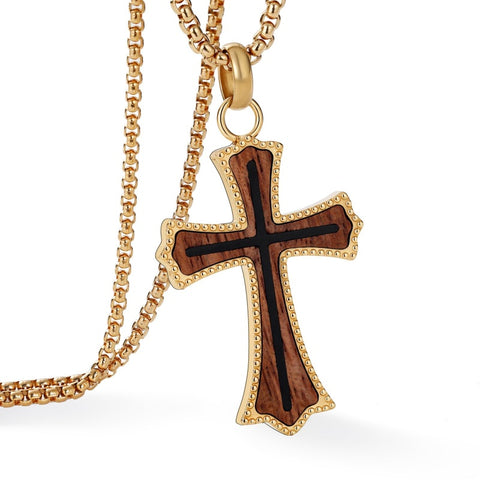 14K Gold Plated Wooden Abalone Shell Cross Pendant Necklacefor Men