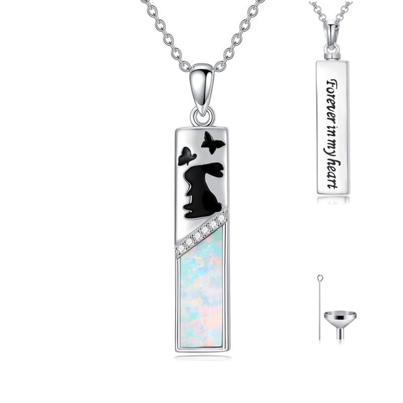 Sterling Silver  Opal Personalized Engraved Bar Pet  Butterfly Dragonfly Tree of Life  Urn Necklace for Ashes