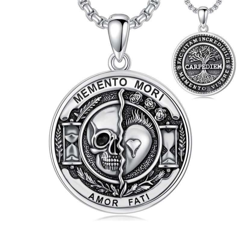 Sterling Silver Memento Mori Gothic Skull Amulet Pendant Necklace for Men