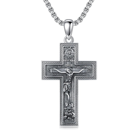Sterling Silver Wooden Lion Orthodox Sword Wolf Cross Pendant Necklace