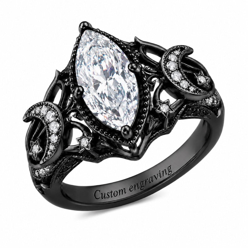 Sterling Silver 10K 14K 18K Gold Moissanite Gothic Black  Engagement Wedding Ring  for Women Halloween Gift