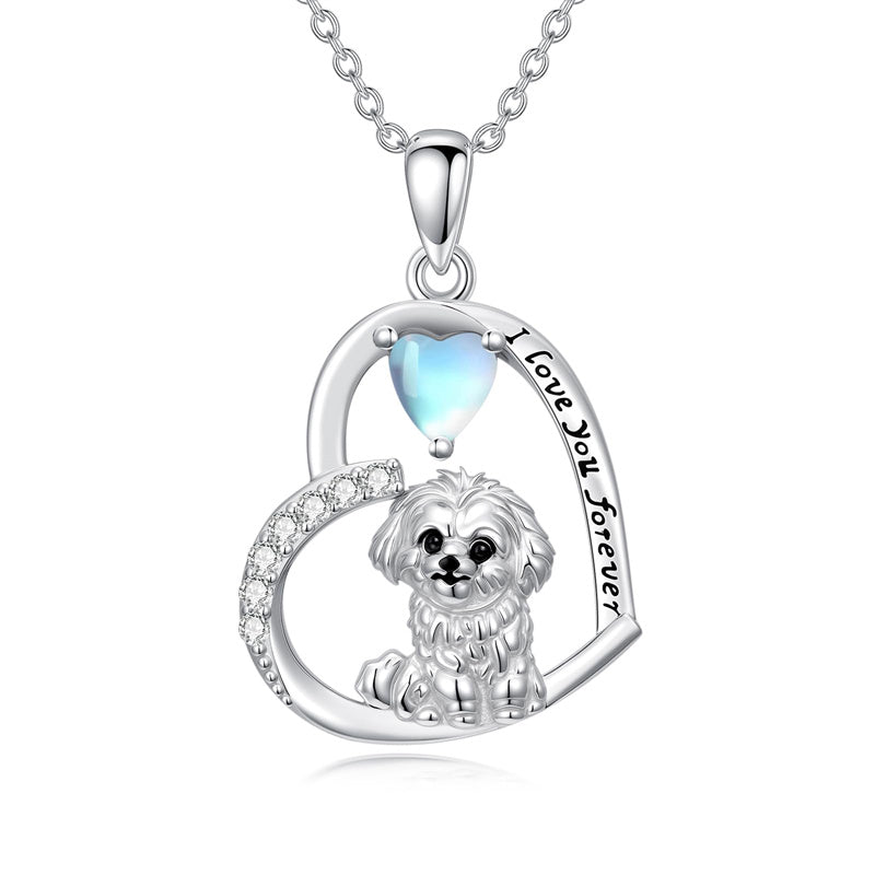 Sterling Silver Moonstone Pug Chihuahua Poodle German Shepherd Maltese Pendant Necklace Engraved wth I Love You Forever