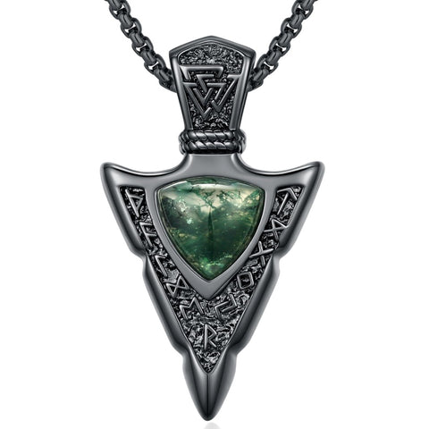 14K Gold Plated Moss Agate Turquoise Valknut Viking Arrow Head Pendant Necklace for Men