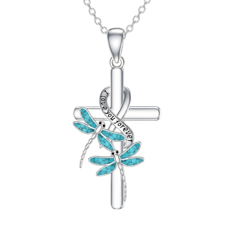 Sterling Silver  Hummingbird Blue Jay Dragonfly Butterfly Cross Necklace Engraved with I Love You Forever