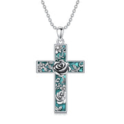 Sterling Silver Turquoise Personalized Engraved 12 Month Birth Flower Cross Pendant Necklace